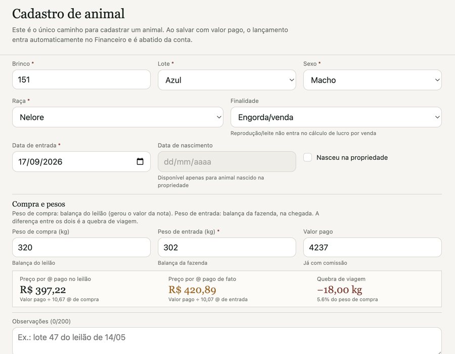 Módulo de cadastro de animais